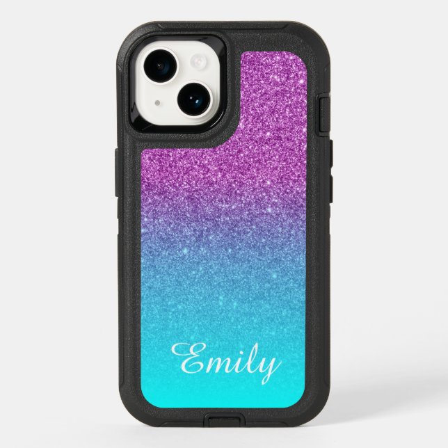 Aqua Ombre Purple Glitter Personalized Otterbox iPhone Case (Back)