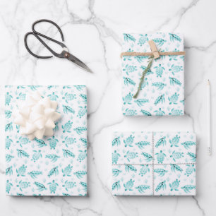 Aqua Ombre Watercolor Sea Turtle Print Wrapping Paper Sheets