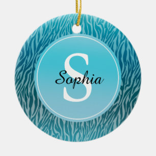 Aqua Ombre Zebra Print Monogram Ceramic Ornament