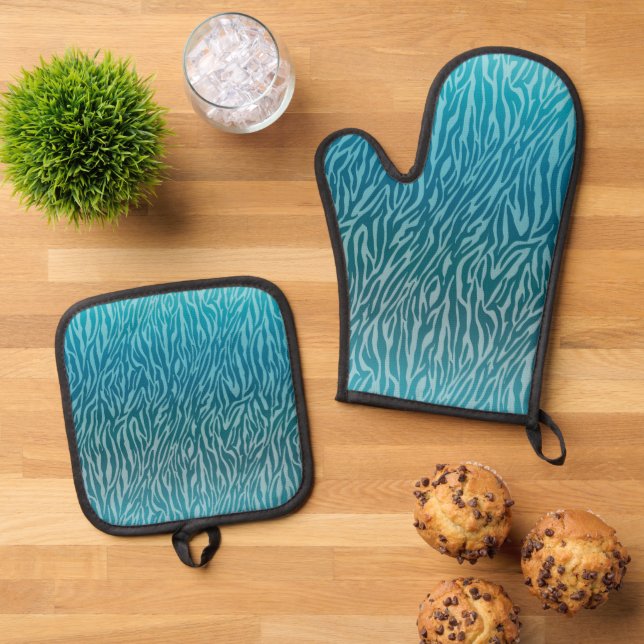 Aqua Ombre Zebra Print Oven Mitt & Pot Holder Set (Top Down)