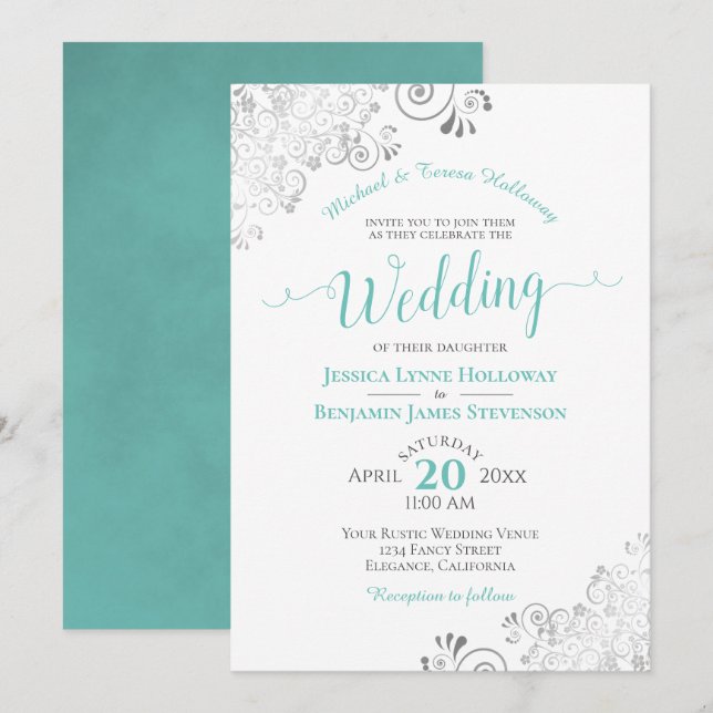 Aqua or Cyan & Silver Lace Formal White Wedding Invitation (Front/Back)