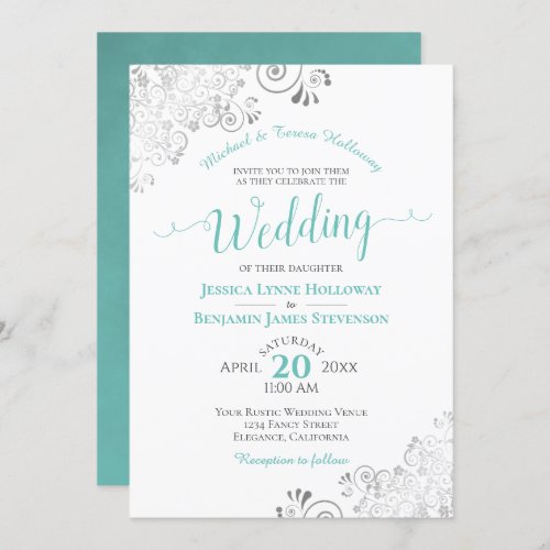 Aqua or Cyan  Silver Lace Formal White Wedding Invitation