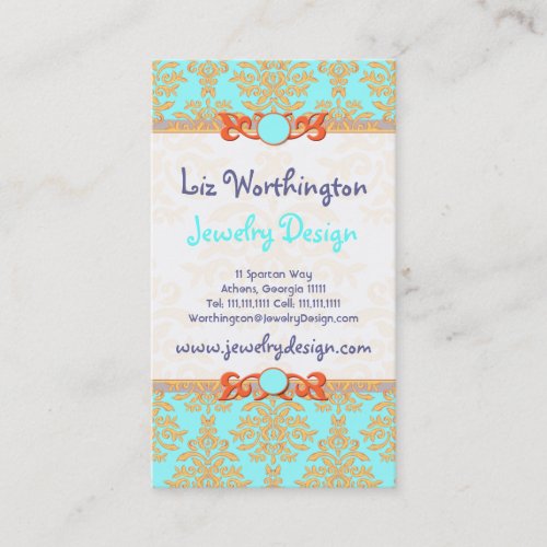 Aqua Orange and Gold Damask Elegant Chic Business Card