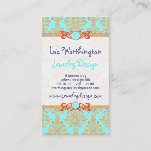 Customizable Aqua, Orange and Gold Damask Elegant Chic Business Card