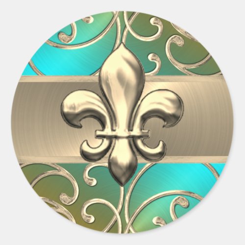 Aqua Orange and Gold Filigree Swirls Fleur de Lis Classic Round Sticker