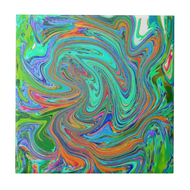 Aqua, Orange and Green Groovy Abstract Retro Art Ceramic Tile (Front)