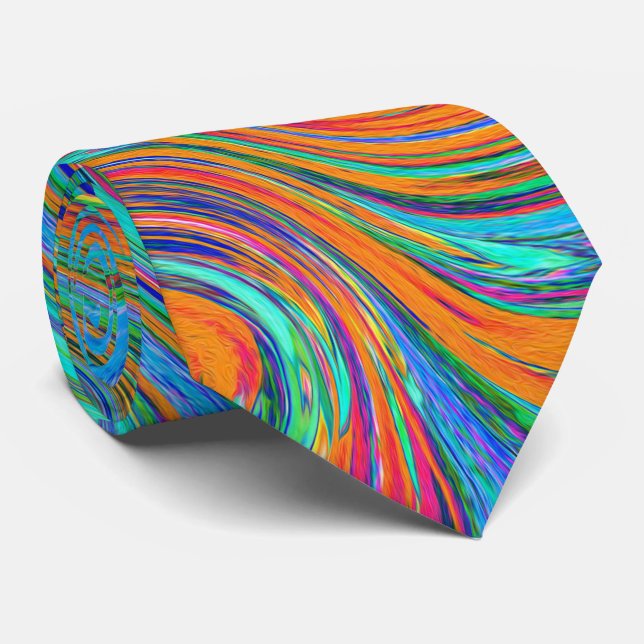 Aqua, Orange and Green Groovy Abstract Retro Art Neck Tie (Rolled)