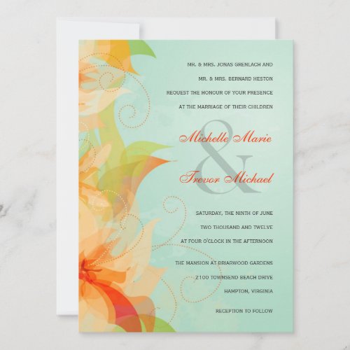Aqua Orange Floral Formal Wedding Invitations