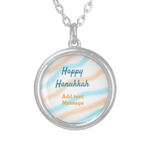 Aqua orange happy Hanukkah add name text message Silver Plated Necklace