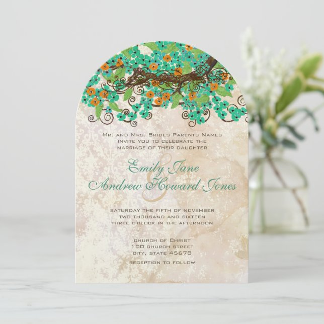 Aqua Orange & Lime Cherry Blossom Brown Paper Invitation (Standing Front)