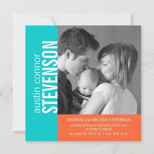 Aqua Orange Modern Baby Boy Birth Announcement