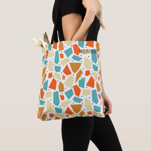 Aqua Orange Polygon Geometric Pattern Monogram Tote Bag