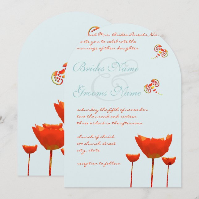Aqua Orange Poppies Butterflies Wedding Invitation (Front/Back)