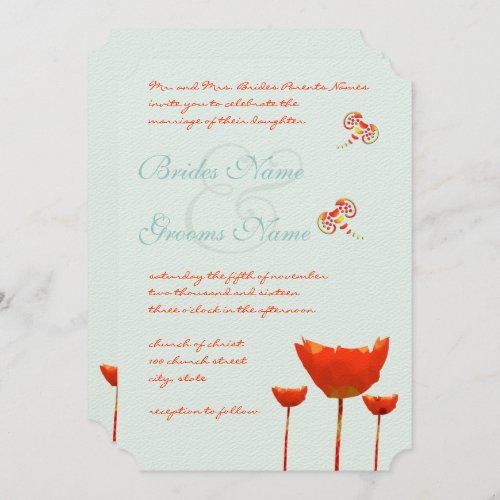 Aqua Orange Poppies Butterflies Wedding Invitation