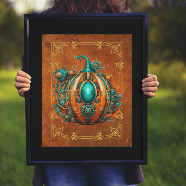 Aqua & Orange Steampunk Pumpkin Digital Art Poster (As shown: 16x20 print with black mat & frame)