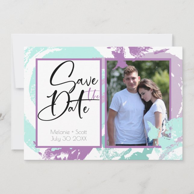Aqua Orchid Abstract Brush Strokes Save the Date Invitation (Front)