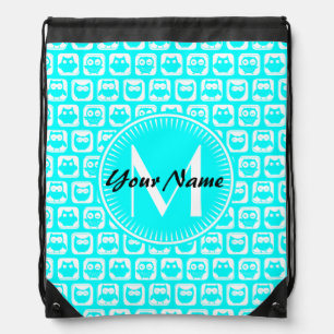 Aqua Owl Pattern Custom Monogram Personalized Name Drawstring Bag