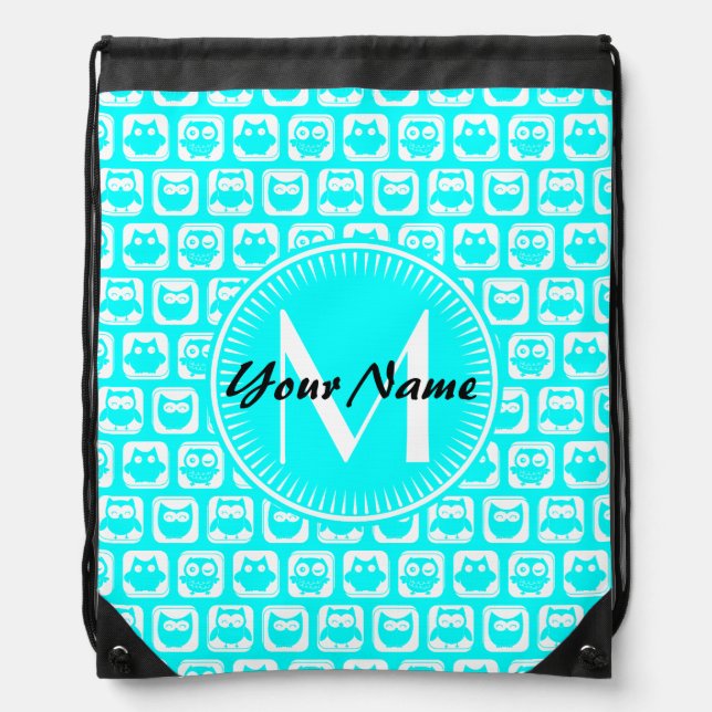 Aqua Owl Pattern Custom Monogram Personalized Name Drawstring Bag (Front)