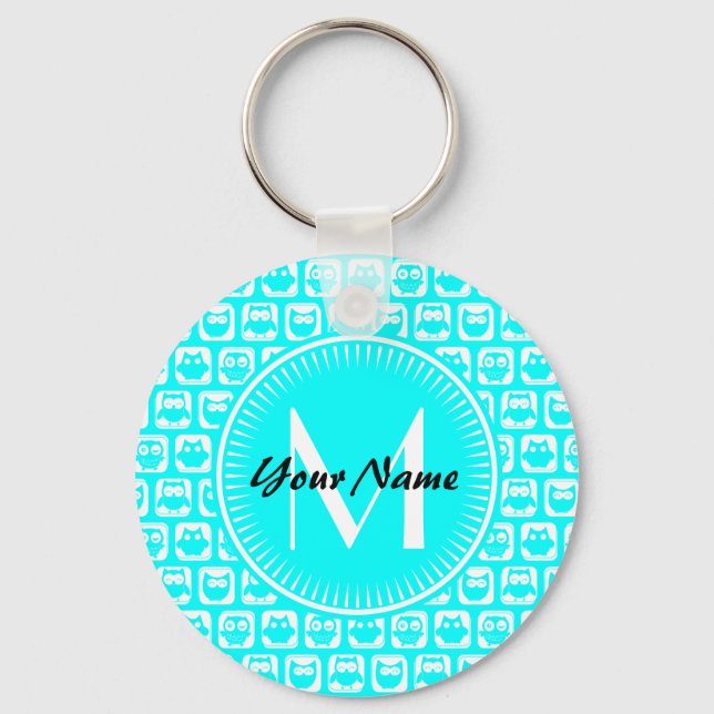 Aqua Owl Pattern Custom Monogram Personalized Name Keychain (Front)