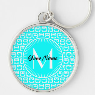 Aqua Owl Pattern Custom Monogram Personalized Name Keychain