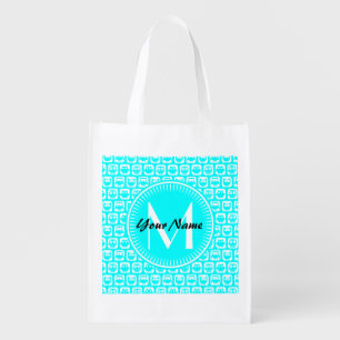 Aqua Owl Pattern Custom Monogram Personalized Name Reusable Grocery Bag