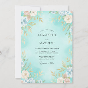 Aqua Painted Blossom Wedding Invitation