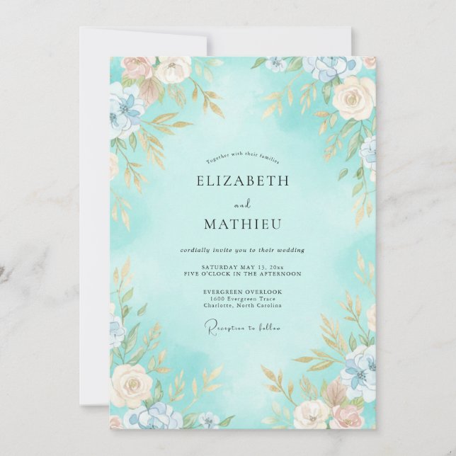 Aqua Painted Blossom Wedding Invitation (Front)