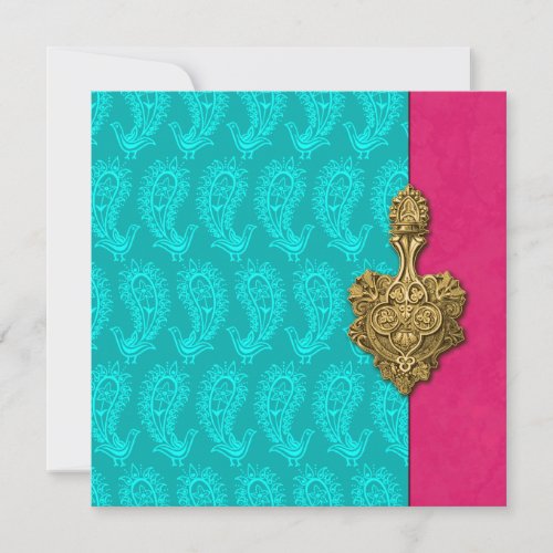 Aqua Paisley Peacock Indian Wedding Invitation