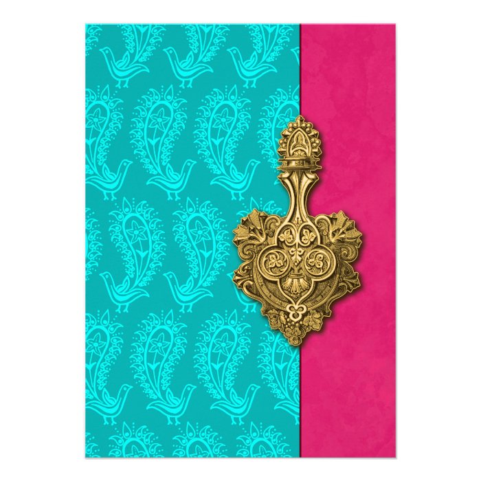 Aqua Paisley Peacocks Indian Wedding Invitation