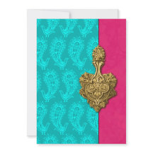 Aqua Paisley Peacocks Indian Wedding Invitation