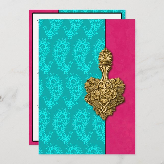 Aqua Paisley Peacocks Indian Wedding Invitation (Front/Back)