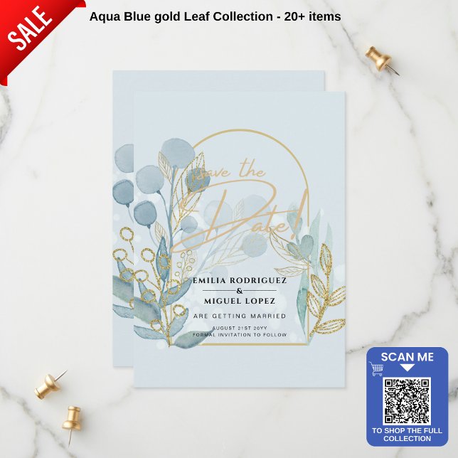 Aqua Pale Blue Leaves Wedding SAVE THE DATE Custom (Creator Uploaded)