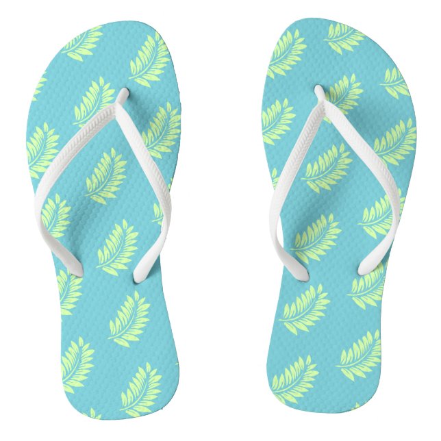 Aqua Palm Leaf Pattern Tropical Flip Flops (Footbed)