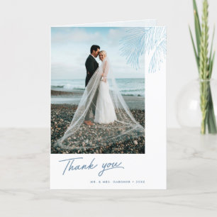 Aqua Palm Leaves Tropical Beach Wedding Letterpress Thank You Card