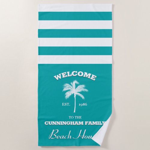 Aqua Palm Tree Striped Custom Beach Towel - Fun and trendy tropical beach house theme design for your summer get-away beach towels.