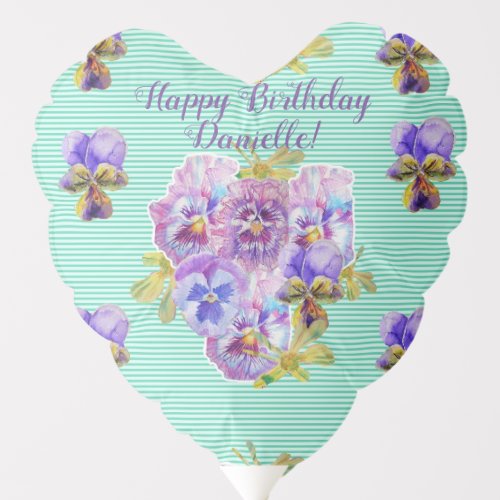 Aqua Pansy floral Watercolor Birthday Balloon
