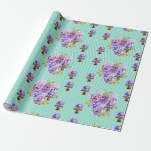 Aqua Pansy flowers floral art Watercolor Wrapping Paper