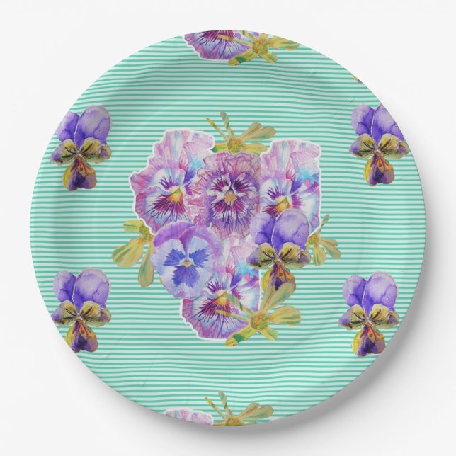 Aqua Pansy Flowers Pattern Paper Party Plate (Front)