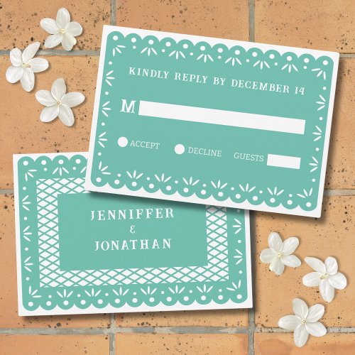 Aqua papel picado wedding RSVP card