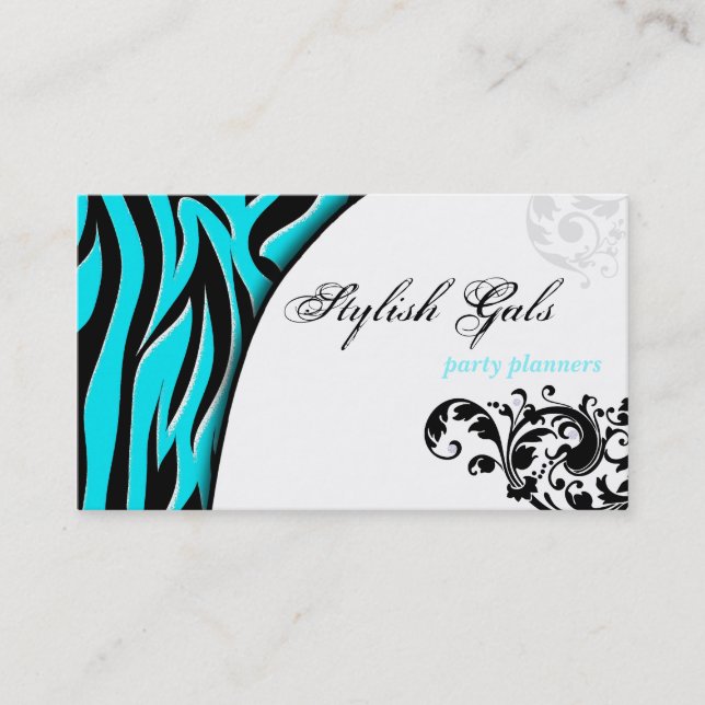 Aqua Party Planner Zebra Print Hip Business Card (Front)