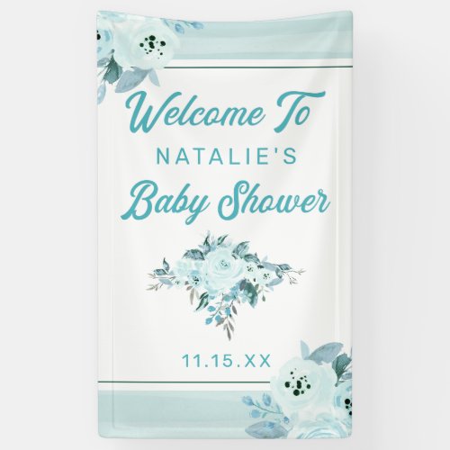 Aqua  Pastel Blue Floral Chic Baby Shower Welcome Banner