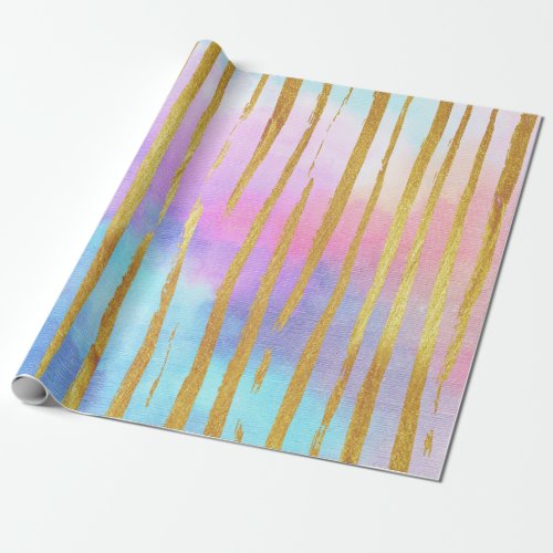 Aqua Pastel Ombre Pink Golden Brushes Wrapping Paper