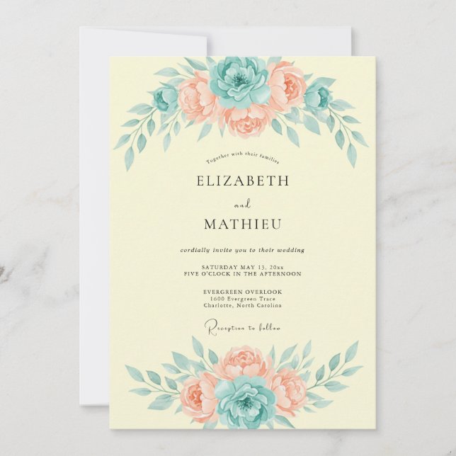 Aqua Peach Botanical Watercolor Wedding Invitation (Front)