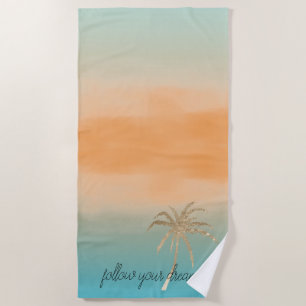 Aqua Peach Gold Tropical Palm Tree Ombre Beach Towel