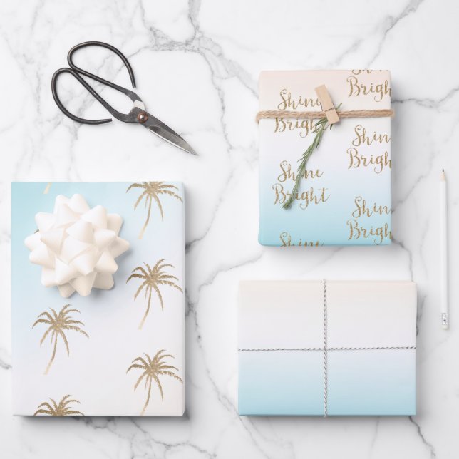  Aqua Peach Gold Tropical Palm Tree    Wrapping Paper Sheets (Front)