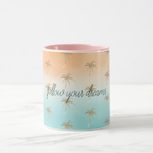 Aqua Peach Gold Tropical Palm Trees Ombre          Mug