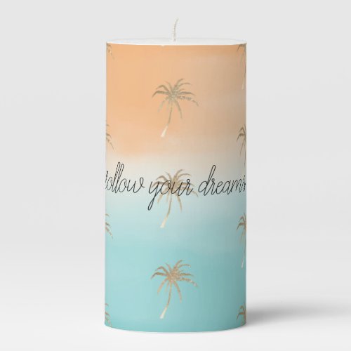 Aqua Peach Gold Tropical Palm Trees Ombre          Pillar Candle