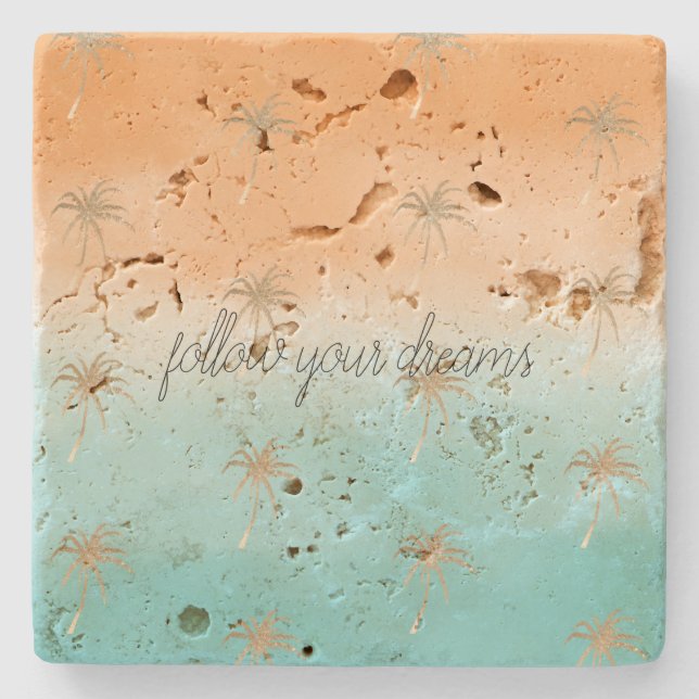 Aqua Peach Gold Tropical Palm Trees Ombre        Stone Coaster (Front)