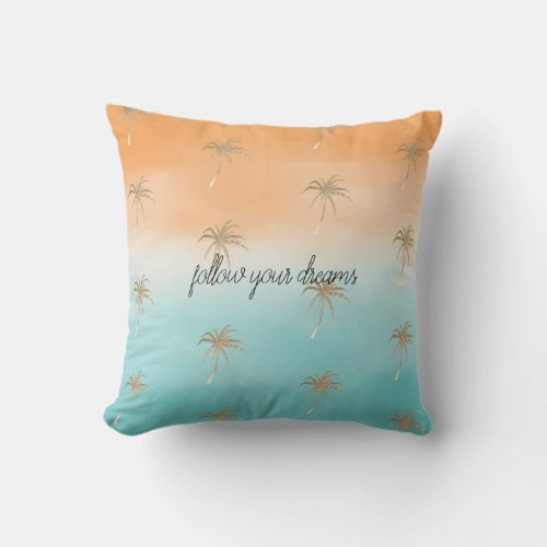 Aqua Peach Gold Tropical Palm Trees Ombre        Throw Pillow