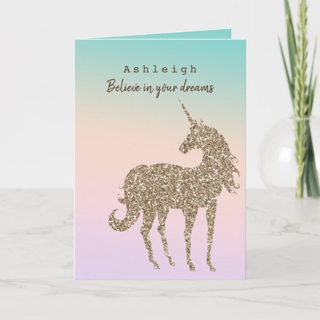 Aqua Peach Purple Pink Tie Dye Glitter Unicorn Card (Front)